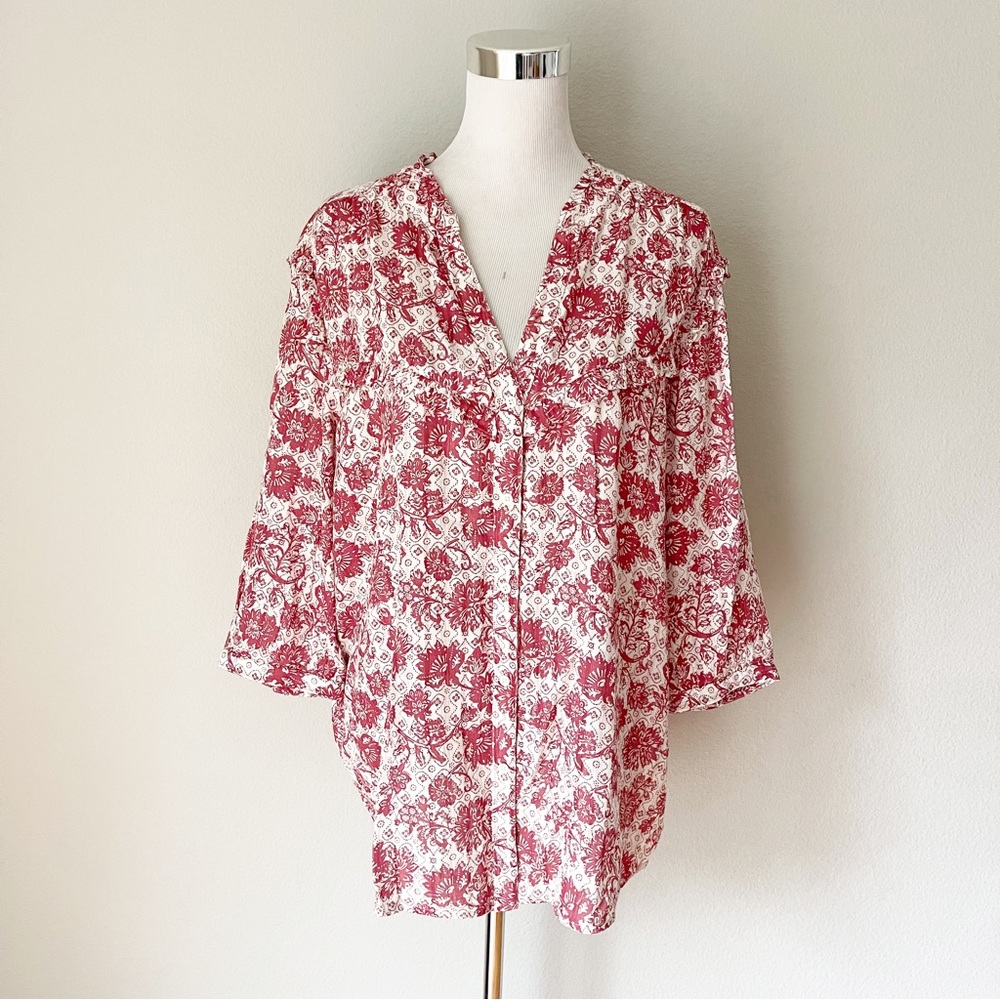 EDC by Esprit Cotton Ivory/Red Cottage-core Prairie Floral Ruffle Top Size XL